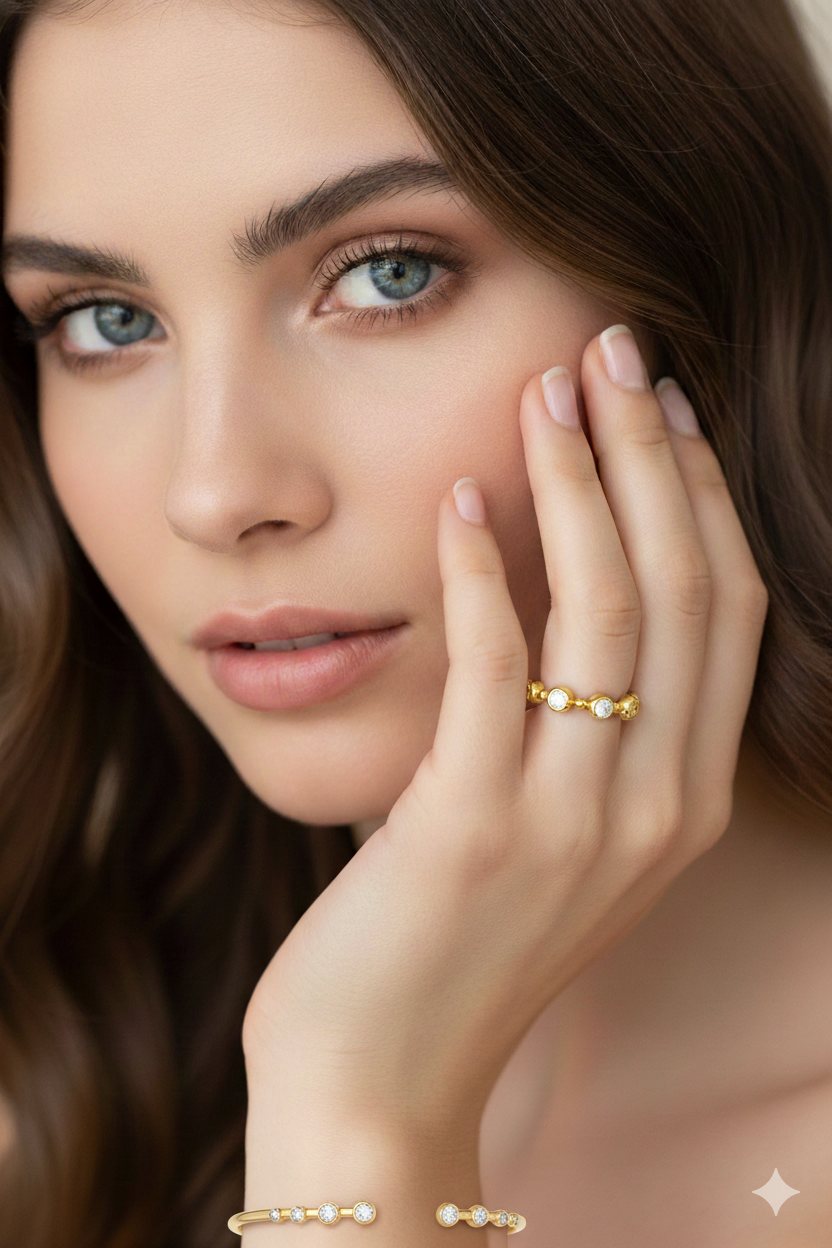 Model wearing an H.J. Namdar necklace and earrings