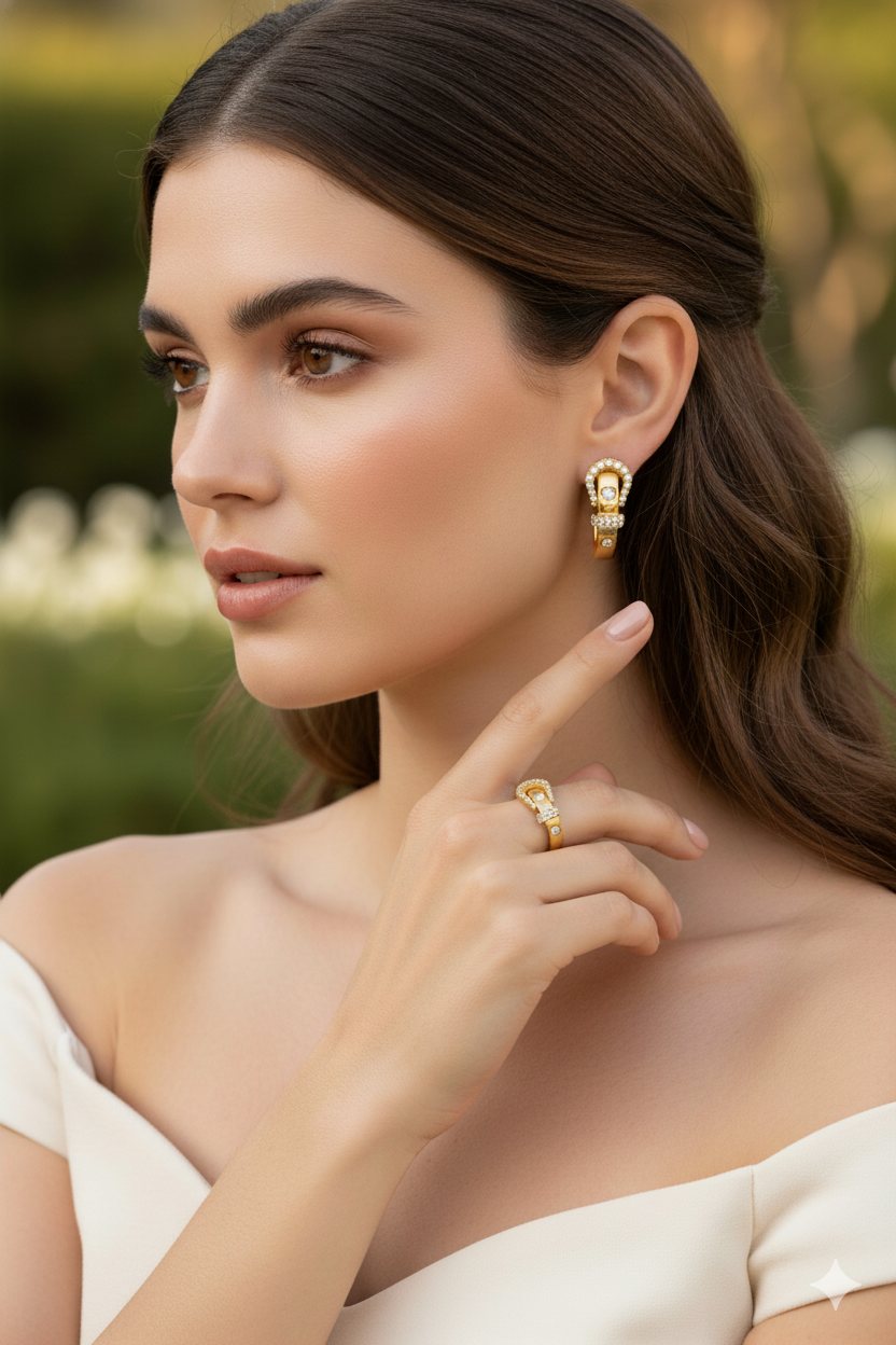 Model wearing an H.J. Namdar necklace and earrings